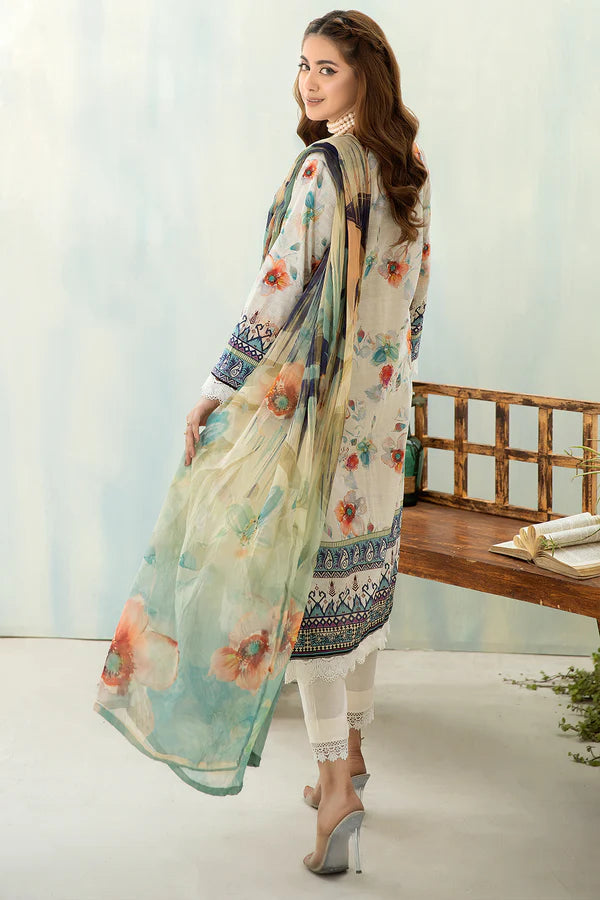 Woman wearing a floral dress with a light background