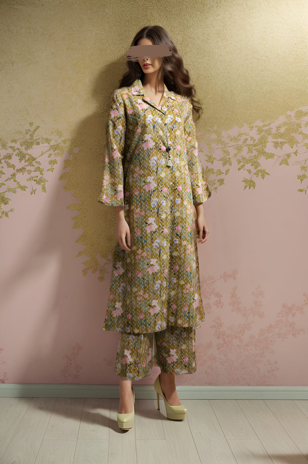 Woman wearing a floral dress standing against a decorative wall with pink and yellow patterns.