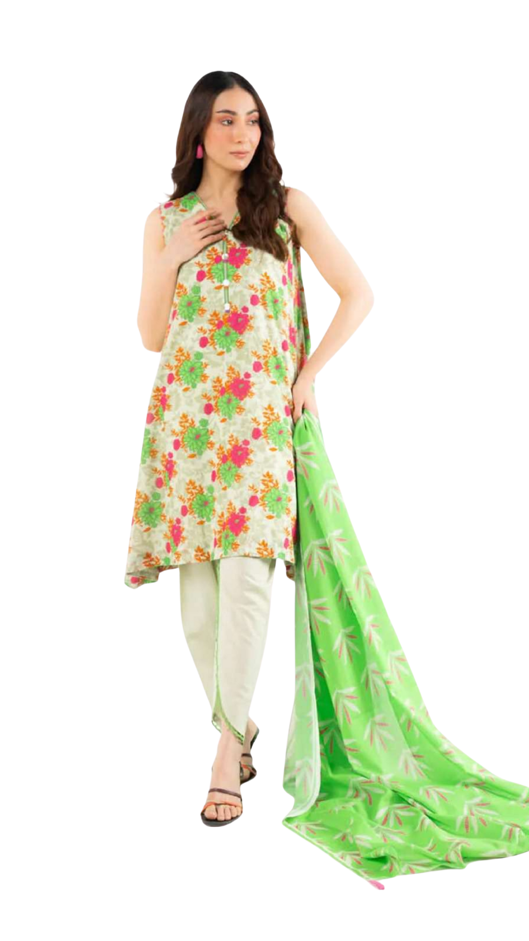 Woman wearing a floral dress with a green dupatta on a white background