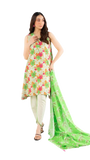 Woman wearing a floral dress with a green dupatta on a white background