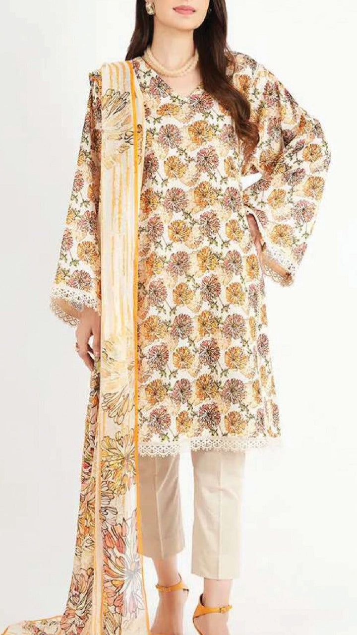 Woman wearing a floral dress with a matching dupatta on a white background