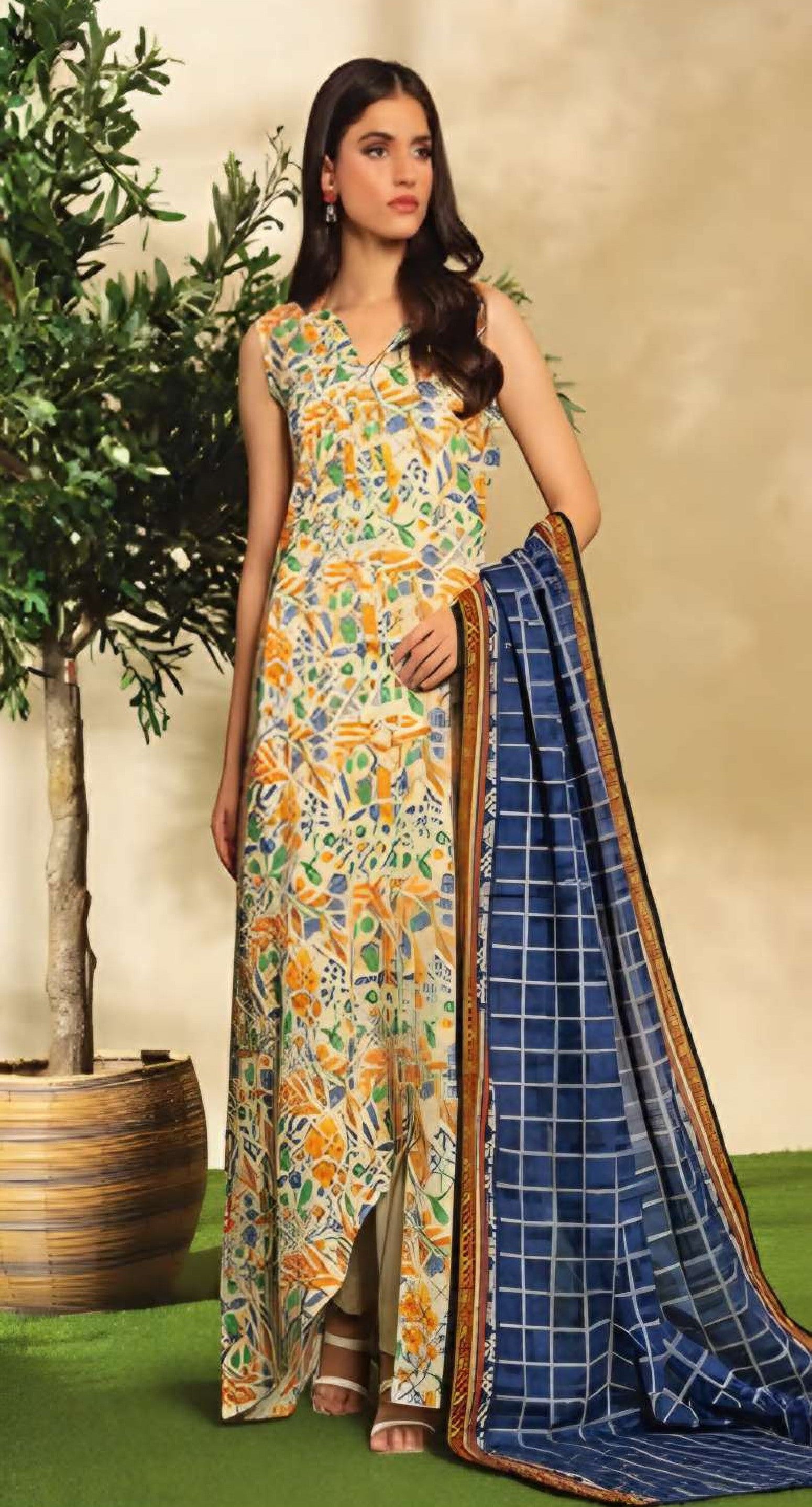 Woman wearing a floral dress with a blue saree in a decorative setting