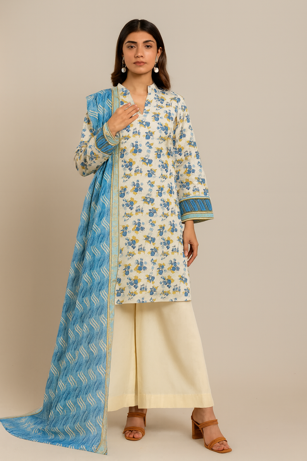Woman wearing a floral kurta with a blue dupatta on a beige background