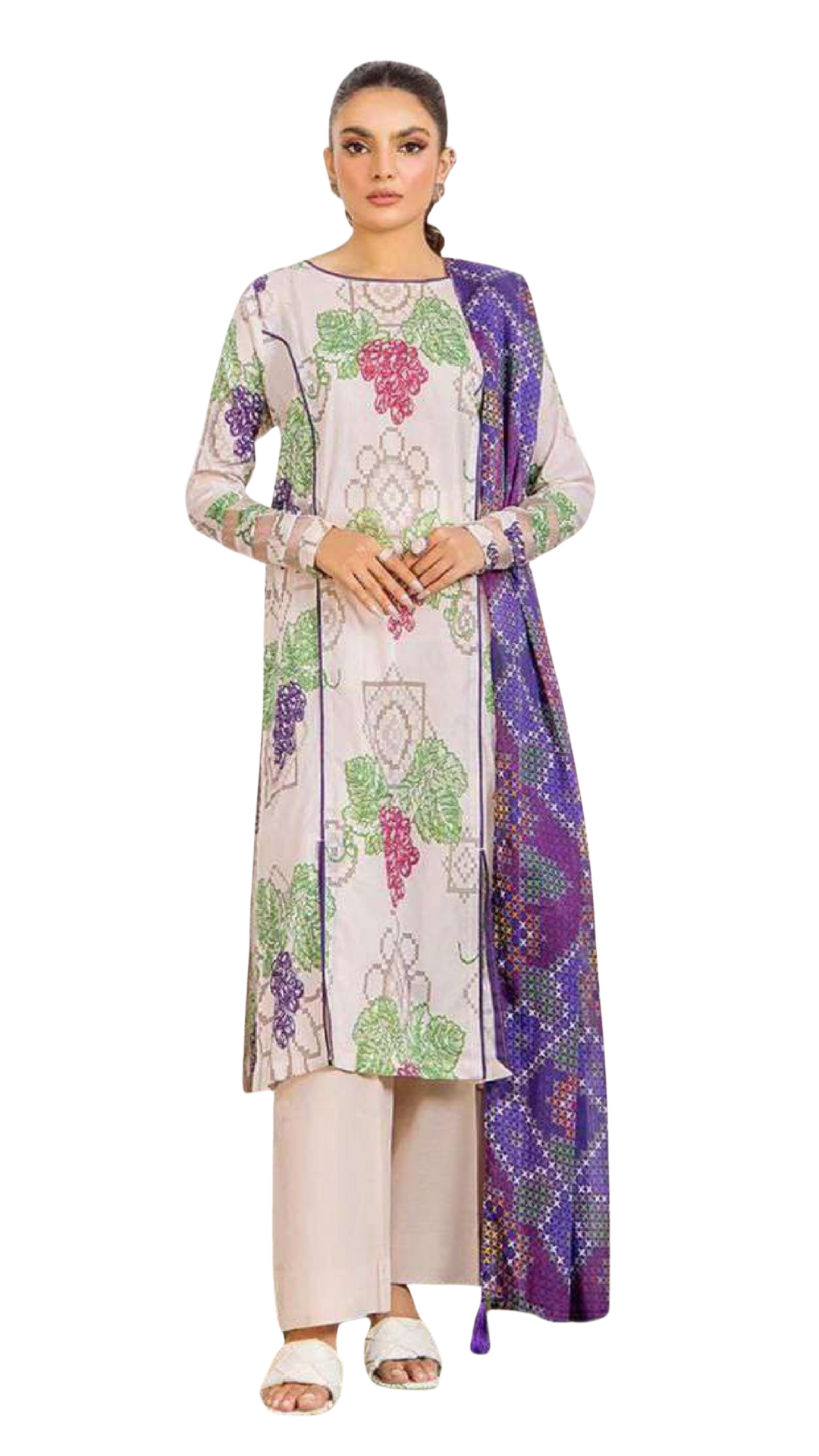 Woman wearing a floral kurta with a long purple jacket on a white background