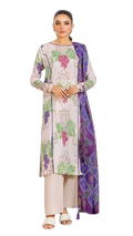 Woman wearing a floral kurta with a long purple jacket on a white background