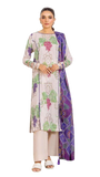Woman wearing a floral kurta with a long purple jacket on a white background