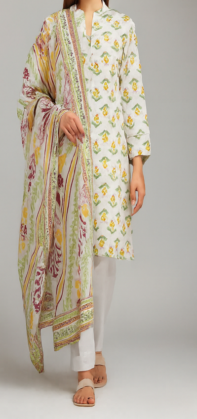 Woman wearing a floral kurta with a matching dupatta on a plain background