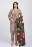 Woman wearing a floral kurta with pants and a matching dupatta on a white background