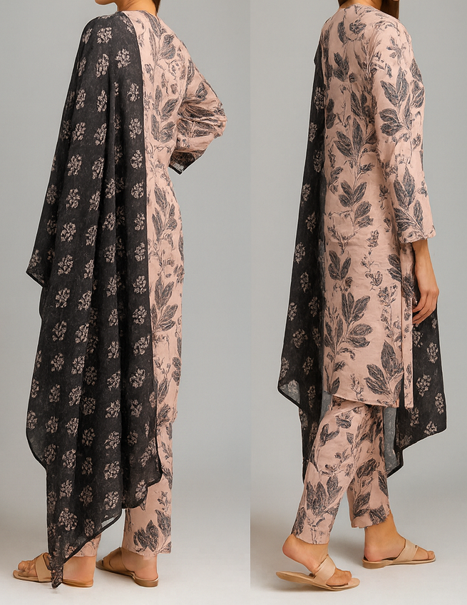 Woman wearing a floral outfit with a black and pink pattern, standing against a neutral background.