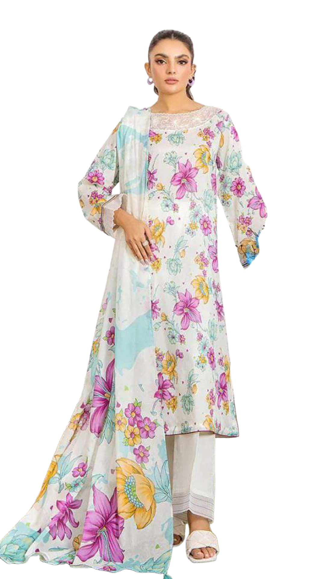 Woman wearing a floral printed kurta with a matching dupatta on a white background