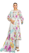 Woman wearing a floral printed kurta with a matching dupatta on a white background