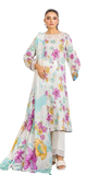 Woman wearing a floral printed kurta with a matching dupatta on a white background