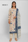 Woman wearing a floral dress with a matching dupatta on a white background
