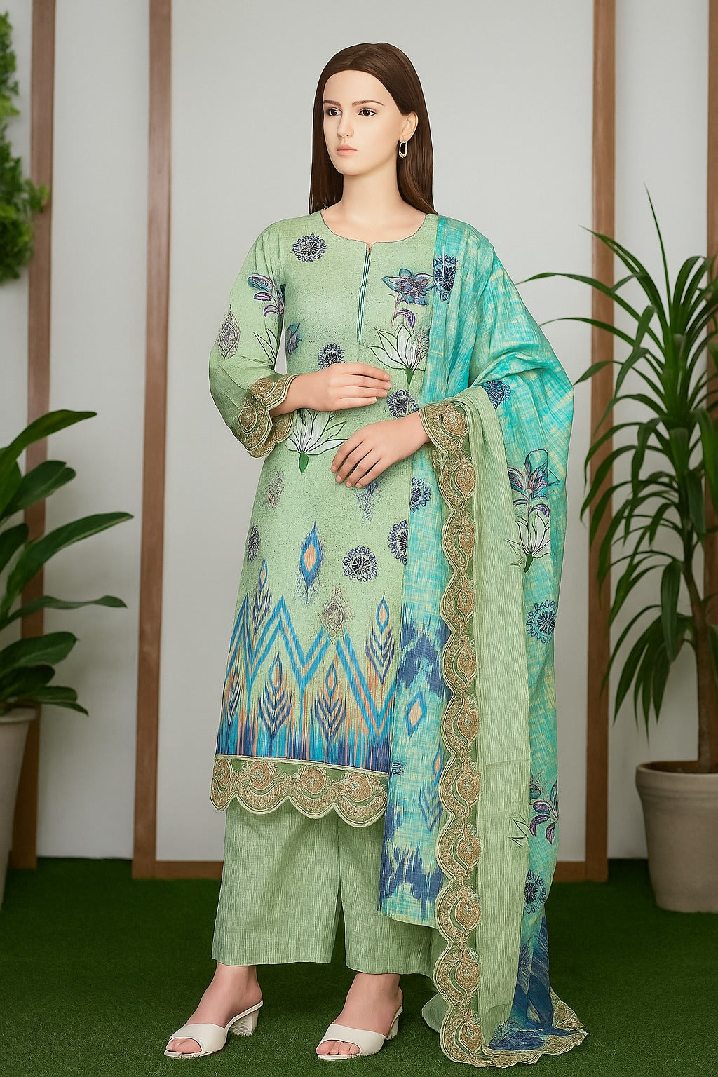 Woman wearing a green and blue embroidered outfit with a matching dupatta in a room with plants.