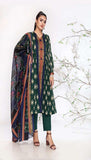 Woman wearing a green and navy traditional outfit with a matching dupatta on a white background