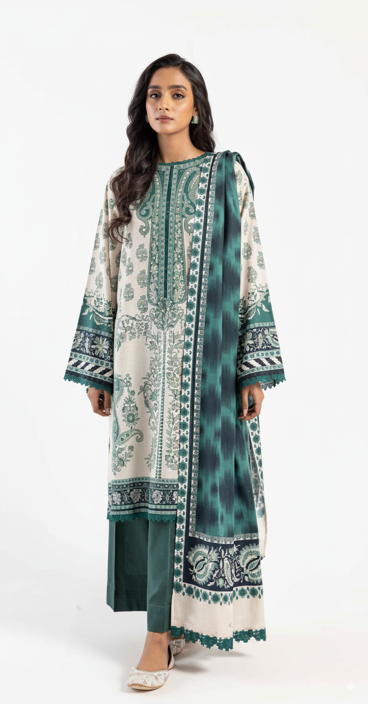 Woman wearing a green and white patterned traditional outfit on a white background