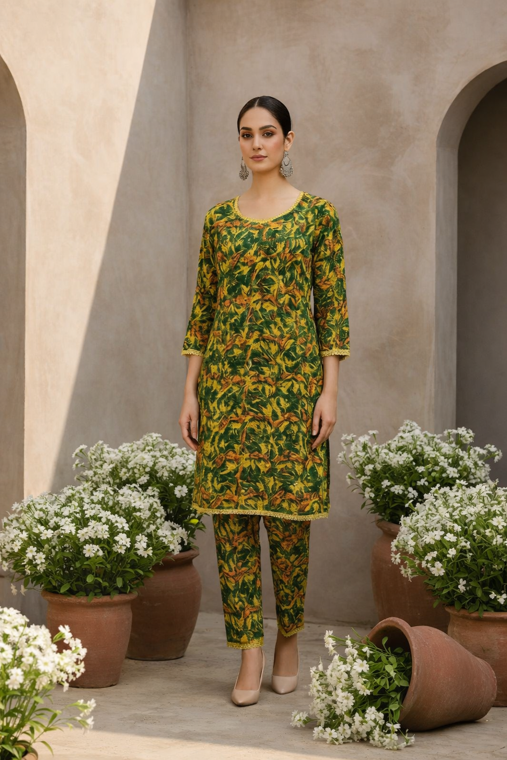 Woman wearing a green and yellow patterned outfit standing in front of a beige wall with potted plants.