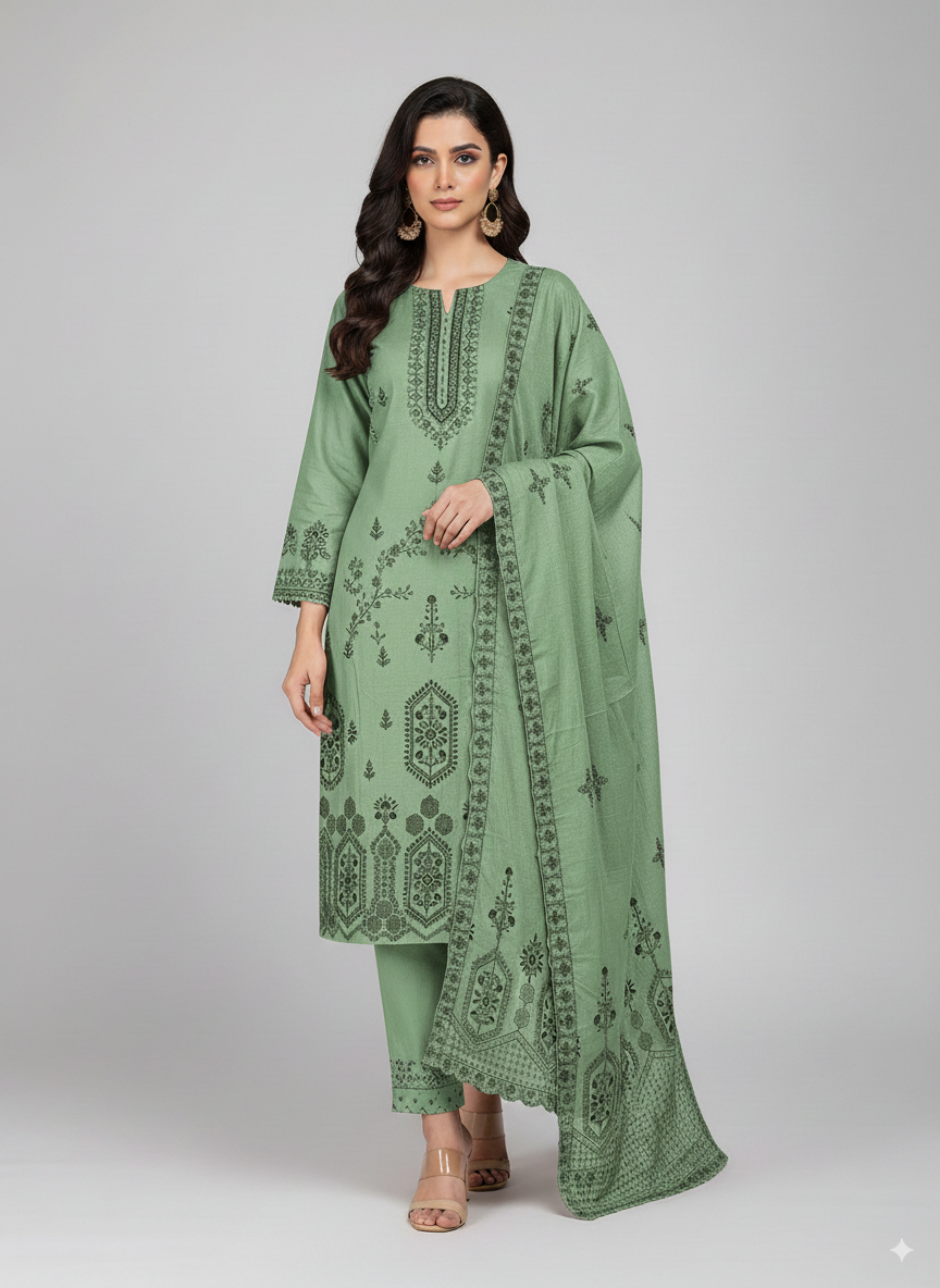 Woman wearing a green embroidered traditional outfit on a gray background