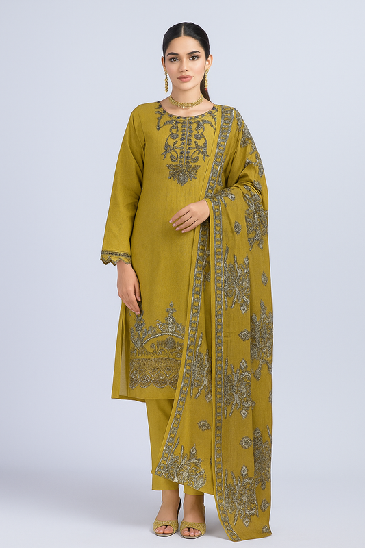 Woman wearing a green embroidered traditional outfit on a light gray background