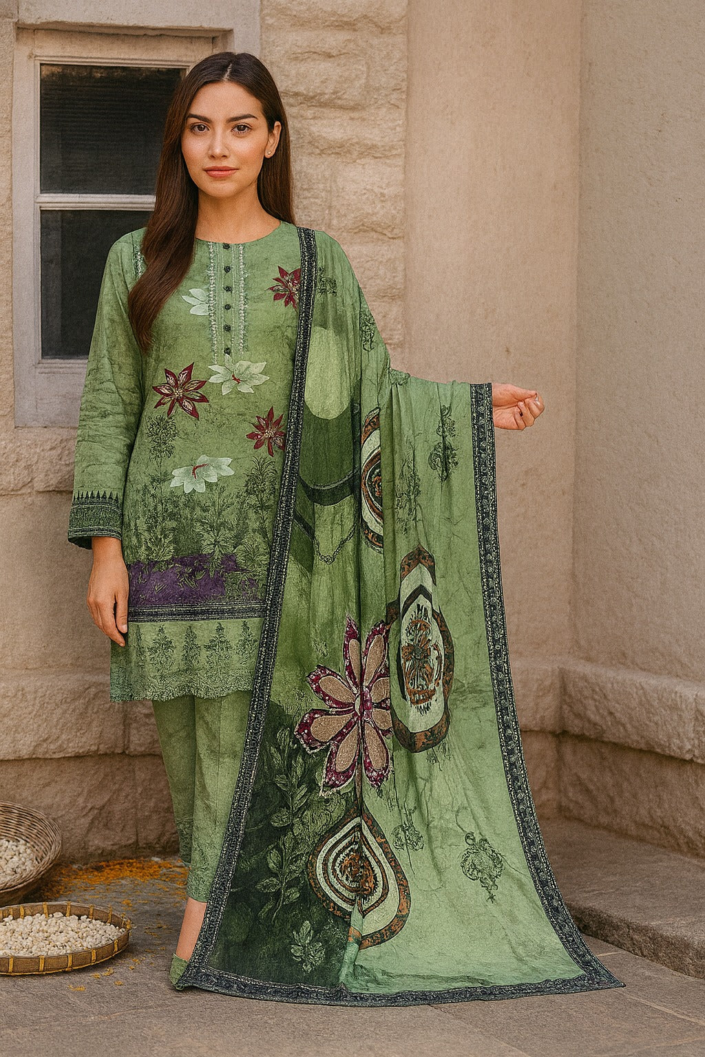 Woman wearing a green embroidered traditional outfit with a matching dupatta.