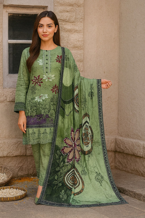 Woman wearing a green embroidered traditional outfit with a matching dupatta.
