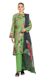 Woman wearing a green floral dress with a black jacket on a white background