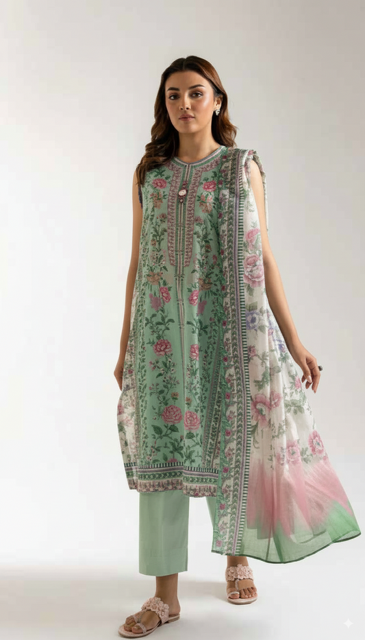 Woman wearing a green floral kurta with a matching dupatta on a white background