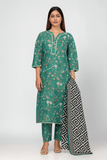 Woman wearing a green floral kurta with matching Trouser and a black and white patterned dupatta on a white background