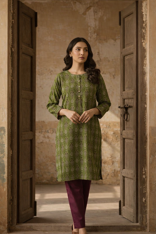 Woman wearing a green patterned kurta with maroon pants standing in an open doorway.