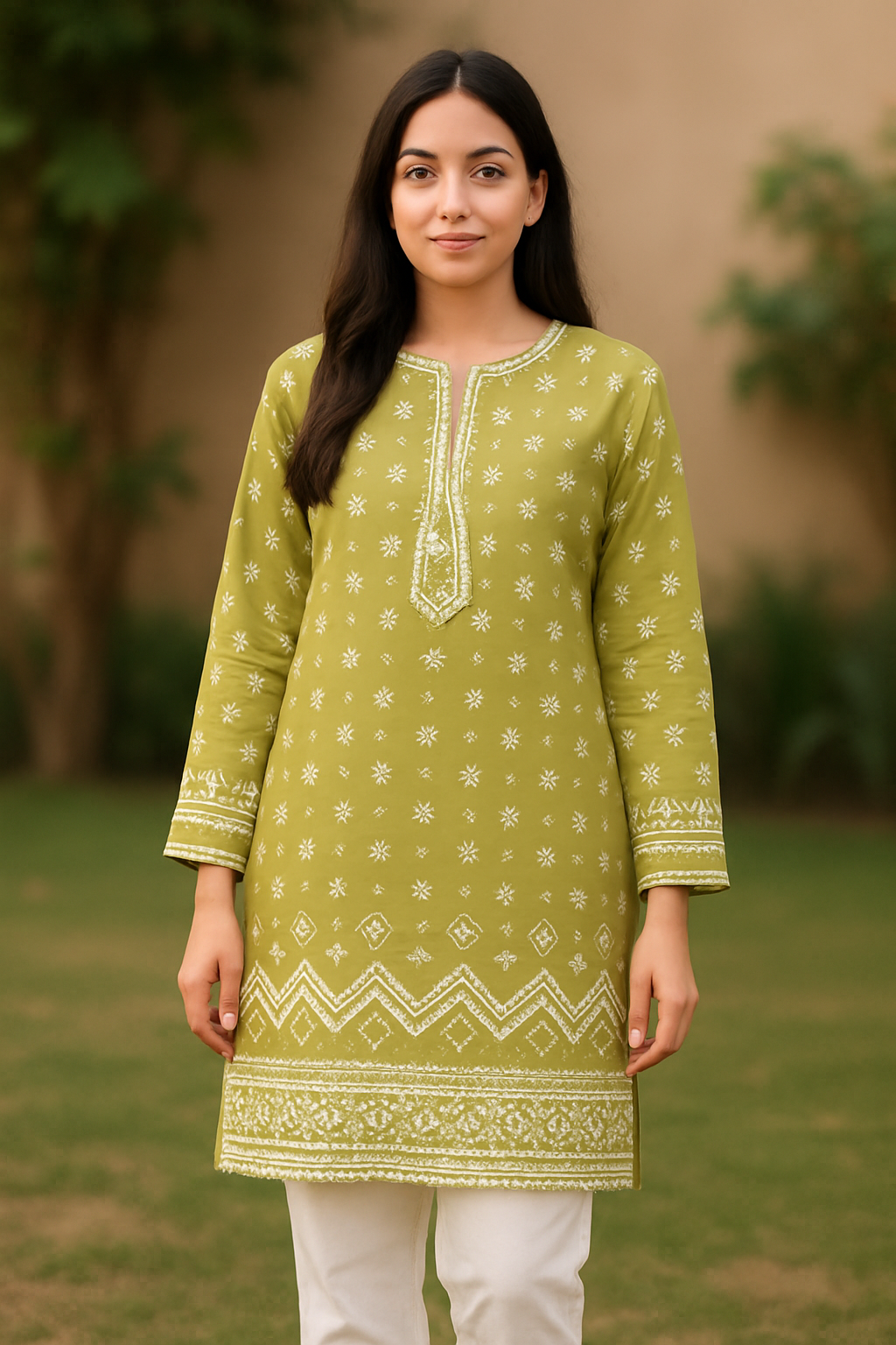 Woman wearing a green traditional outfit with white patterns outdoors.