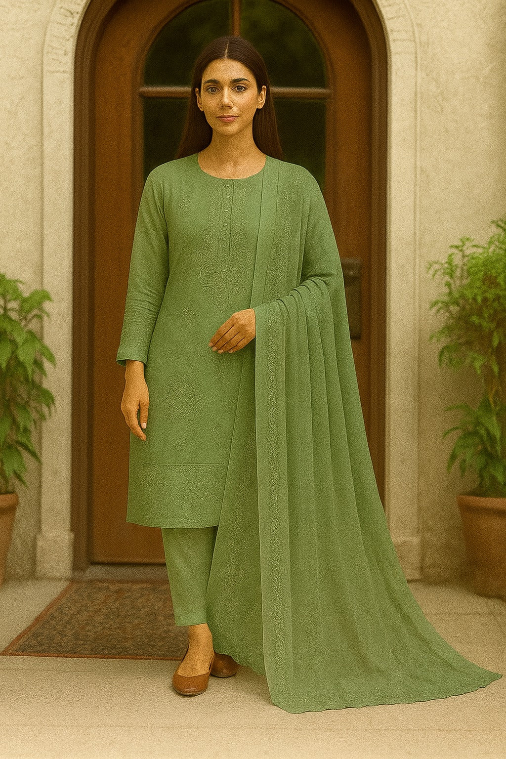 Woman wearing a green traditional outfit with a dupatta in front of a door.
