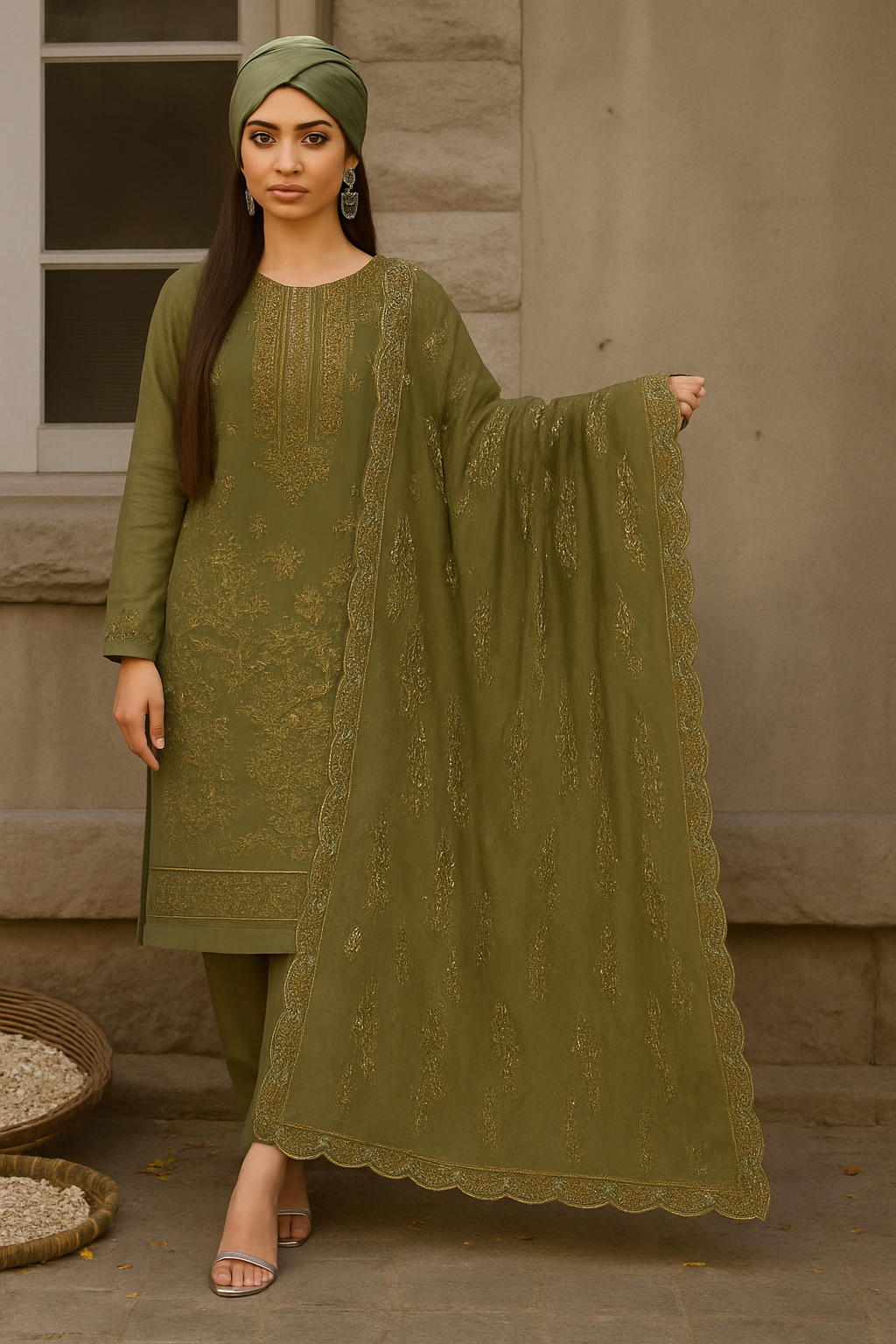 Woman wearing a green traditional outfit with a matching dupatta against a stone wall.