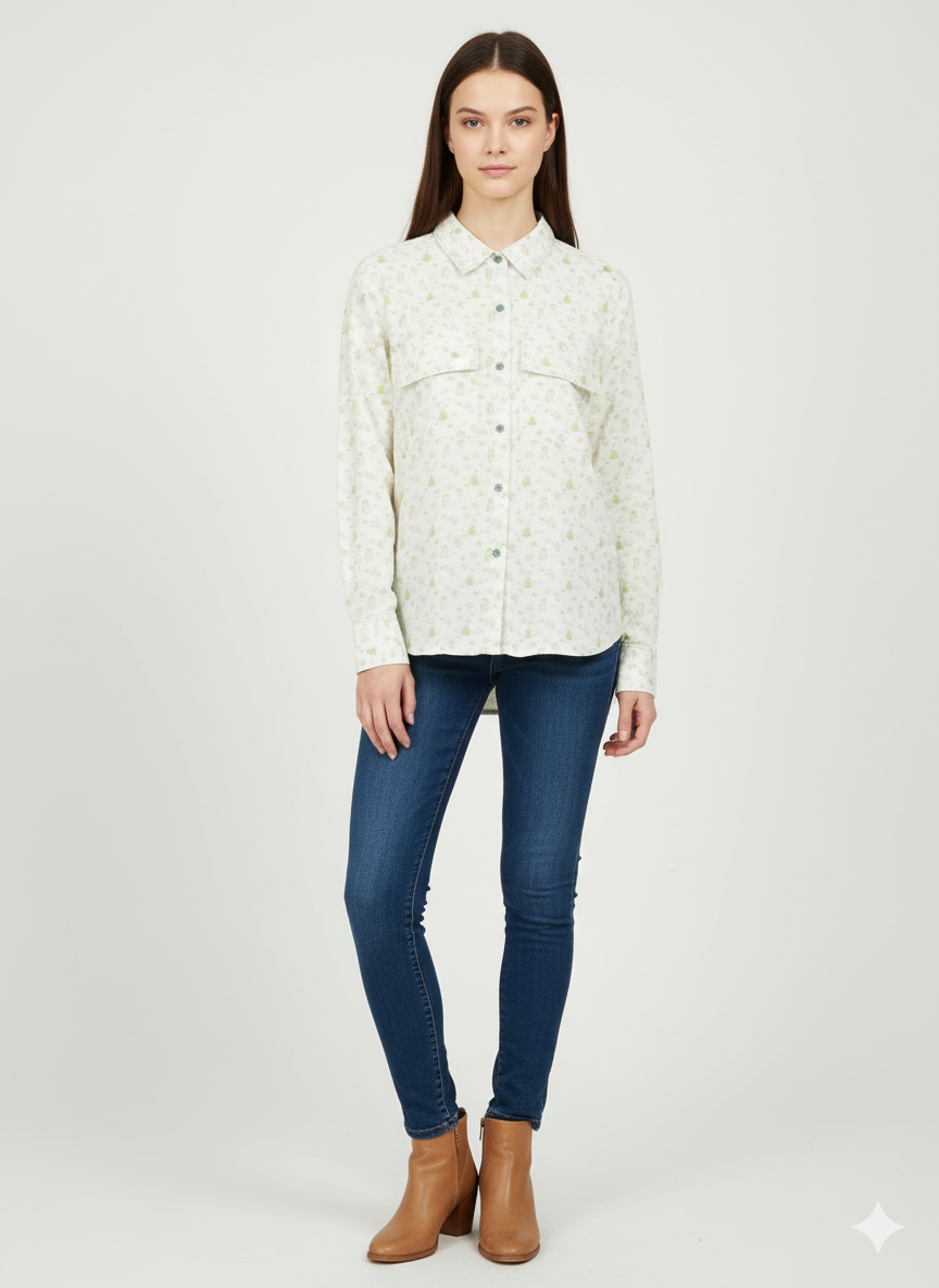 Woman wearing a light-colored floral shirt, blue jeans, and brown boots on a white background