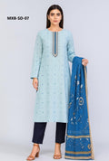 Woman wearing a light blue kurta with black pants and a matching blue dupatta on a white background.