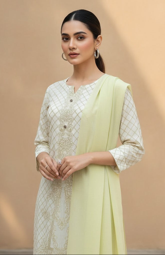 Woman wearing a light green and white traditional outfit against a beige background