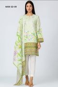 Woman wearing a light green embroidered outfit with a matching dupatta on a white background