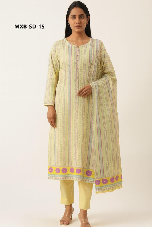 Woman wearing a light yellow and green striped kurta with pants on a white background