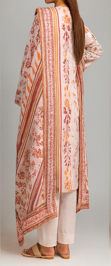 Woman wearing a long, patterned dress with a plain background