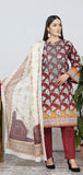 Woman wearing a maroon floral dress with a matching dupatta against a white background