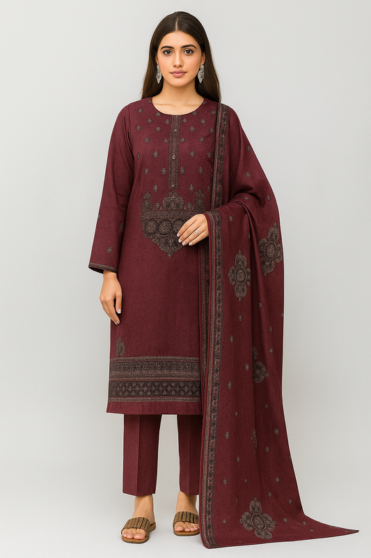 Woman wearing a maroon traditional outfit with a matching dupatta on a white background