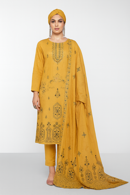 Woman wearing a mustard yellow embroidered outfit with a matching dupatta on a white background