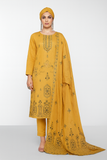 Woman wearing a mustard yellow embroidered outfit with a matching dupatta on a white background