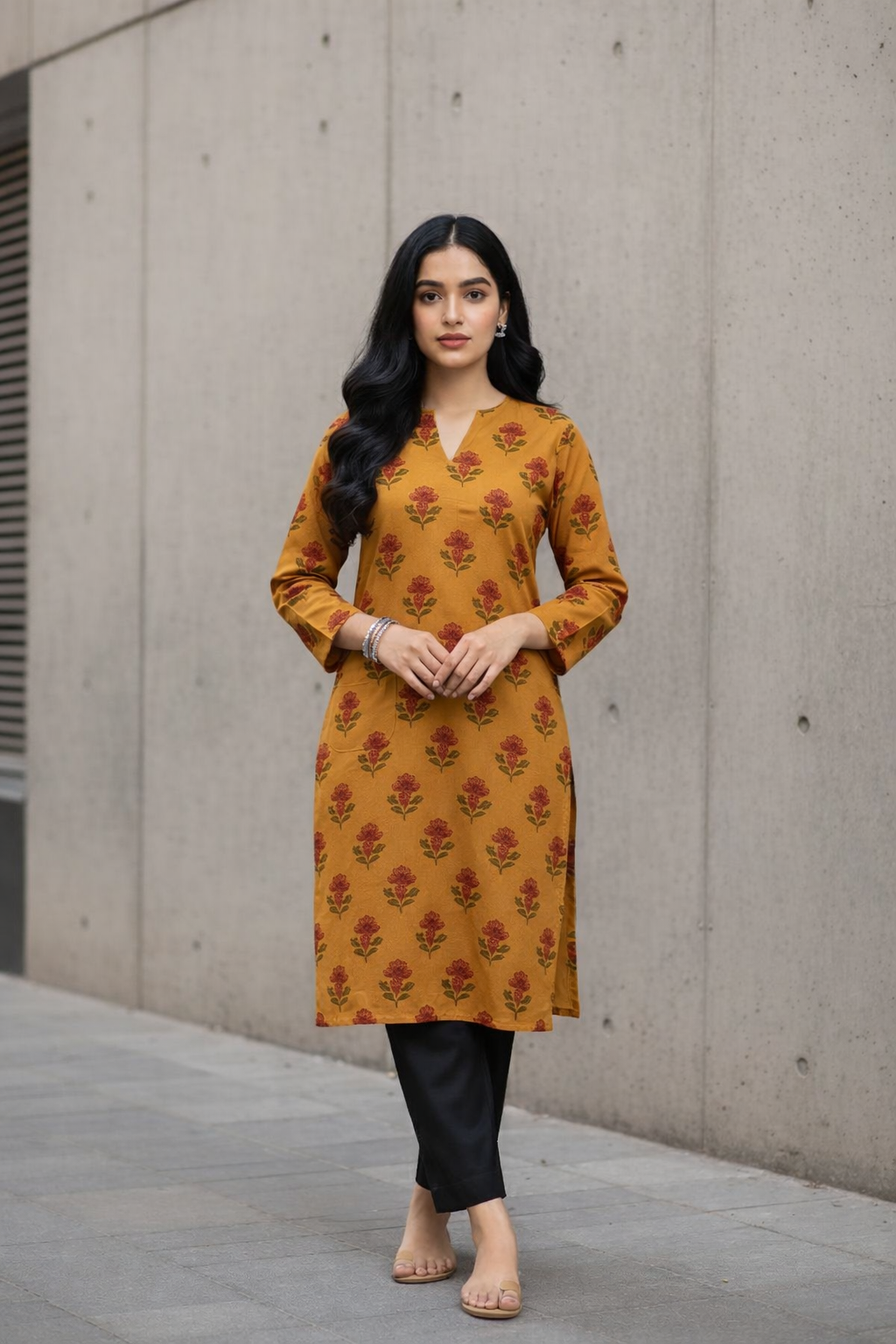 Woman wearing a mustard yellow kurta with floral pattern against a gray wall.