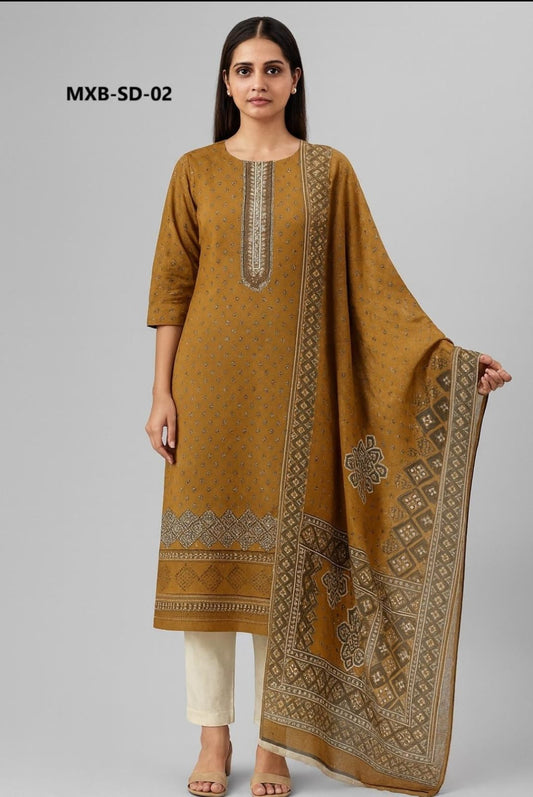 Woman wearing a mustard yellow embroidered kurta with a matching dupatta on a gray background