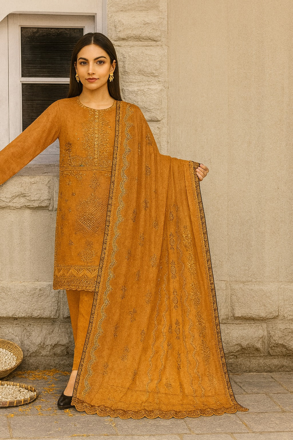 Woman wearing a mustard yellow traditional outfit with embroidery, standing against a stone wall.