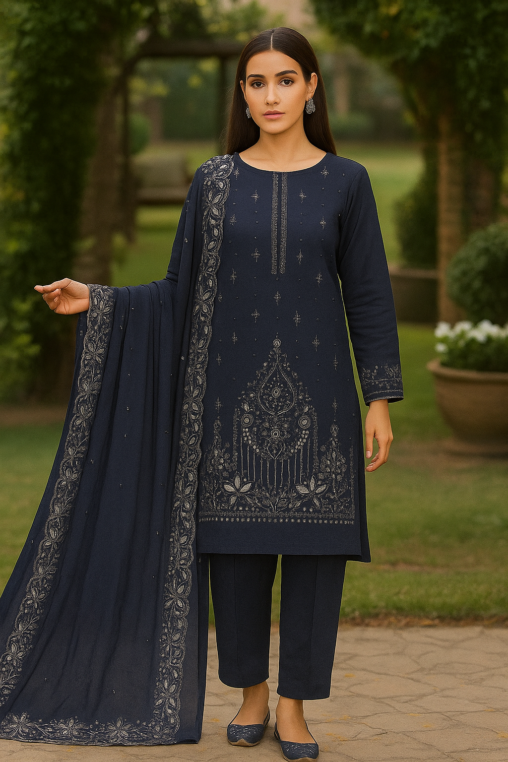 Woman wearing a navy blue embroidered outfit with a matching dupatta in an outdoor setting.