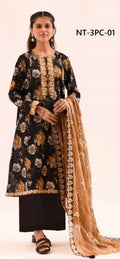 Woman wearing nishat  a black floral kurta with a beige dupatta on a white background