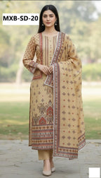 Woman wearing a patterned kurta with a long scarf in an outdoor setting