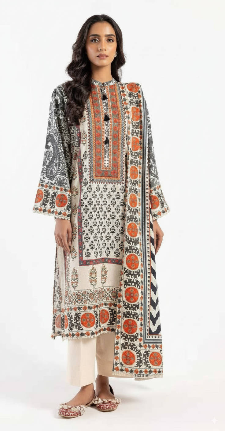Woman wearing a patterned kurta with dupatta a white background