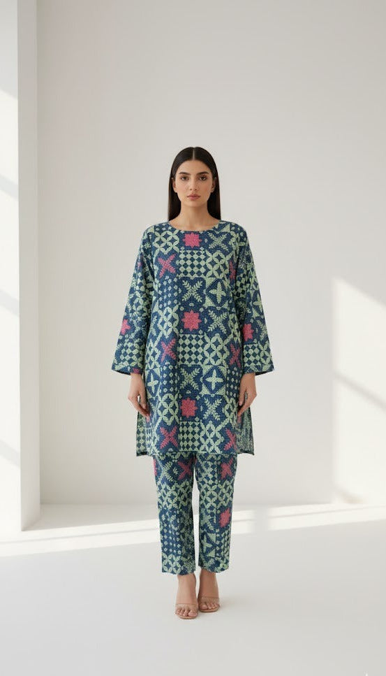 Woman wearing a patterned outfit in a minimal white room